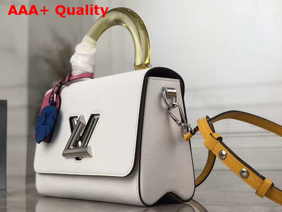 Louis Vuitton Twist MM in White Deep Dyed Epi Leather with a Colored Plexiglass Top Handle and Bright Colored Nametag and Charm M56132 Replica