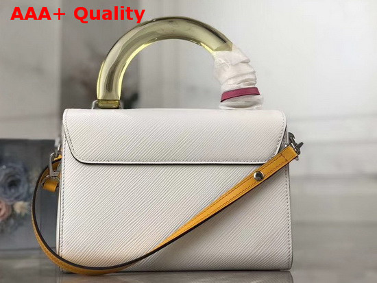 Louis Vuitton Twist MM in White Deep Dyed Epi Leather with a Colored Plexiglass Top Handle and Bright Colored Nametag and Charm M56132 Replica