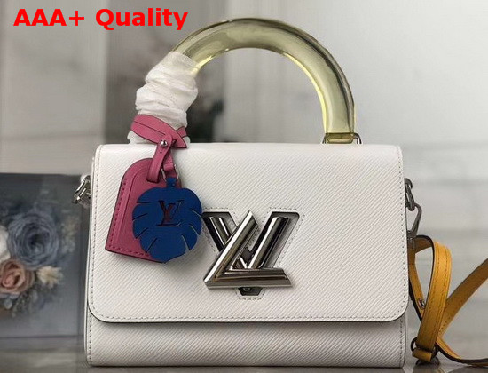 Louis Vuitton Twist MM in White Deep Dyed Epi Leather with a Colored Plexiglass Top Handle and Bright Colored Nametag and Charm M56132 Replica