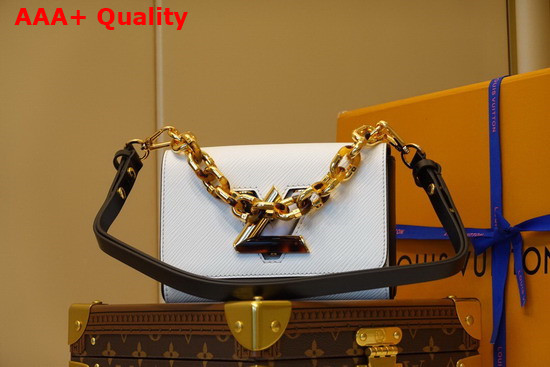 Louis Vuitton Twist PM Handbag White Epi Grained Leather with LV Twist Lock and Chain Adorned with Black and White Stones Replica