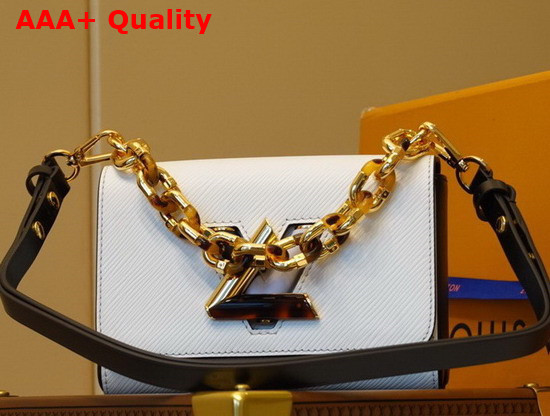 Louis Vuitton Twist PM Handbag White Epi Grained Leather with LV Twist Lock and Chain Adorned with Black and White Stones Replica