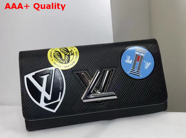 Louis Vuitton Twist Wallet Black Epi Leather World Tour Stickers Replica