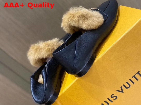 Louis Vuitton Upper Case Flat Loafer in Black Calf Leather with Cognac Brown Fluffy Mink Fur Trim 1A86UH Replica