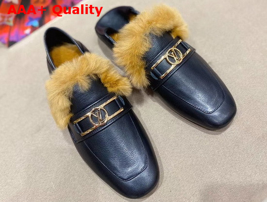 Louis Vuitton Upper Case Flat Loafer in Black Calf Leather with Cognac Brown Fluffy Mink Fur Trim 1A86UH Replica