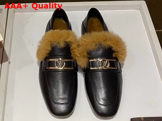 Louis Vuitton Upper Case Flat Loafer in Black Calf Leather with Cognac Brown Fluffy Mink Fur Trim 1A86UH Replica