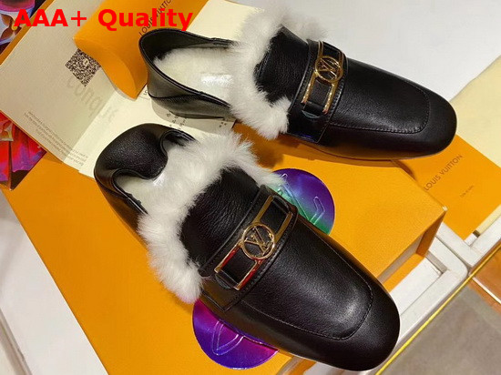 Louis Vuitton Upper Case Flat Loafer in Black Calf Leather with White Fluffy Mink Fur Trim Replica