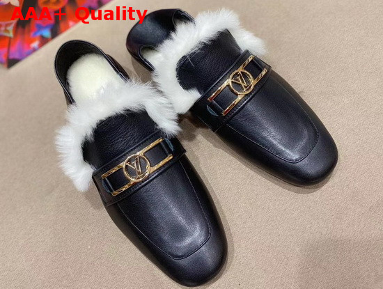 Louis Vuitton Upper Case Flat Loafer in Black Calf Leather with White Fluffy Mink Fur Trim Replica