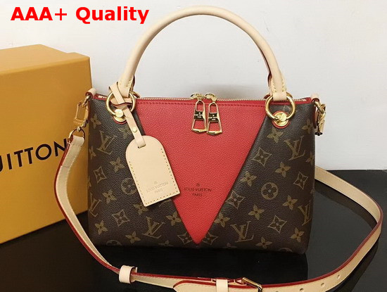 Louis Vuitton V Tote BB Monogram Coated Canvas and Cerise Red Grained Calf Leather M43966 Replica