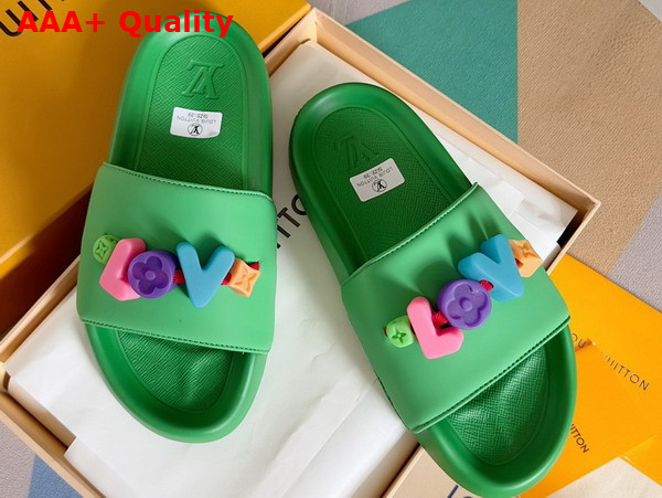 Louis Vuitton Women Rubber Mule in Green with Resin Monogram Flower Replica