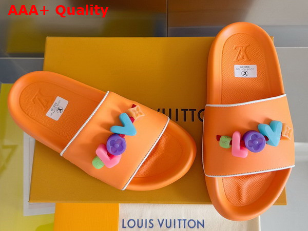 Louis Vuitton Women Rubber Mule in Orange with Resin Monogram Flower Replica