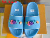 Louis Vuitton Women Rubber Mule in Sky Blue with Resin Monogram Flower Replica