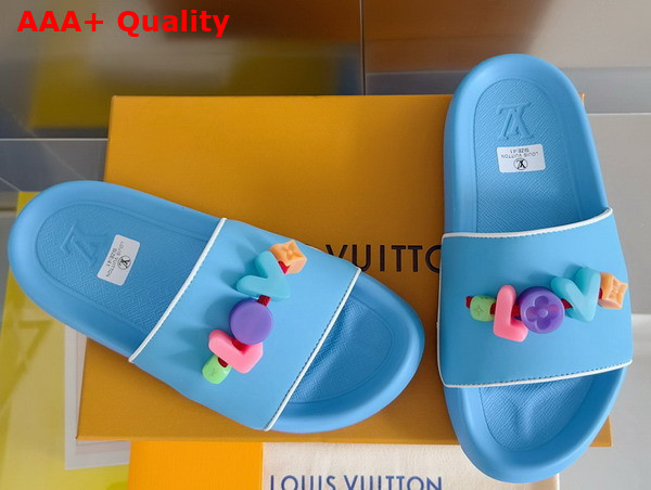 Louis Vuitton Women Rubber Mule in Sky Blue with Resin Monogram Flower Replica