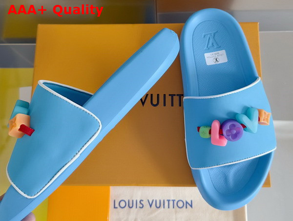 Louis Vuitton Women Rubber Mule in Sky Blue with Resin Monogram Flower Replica