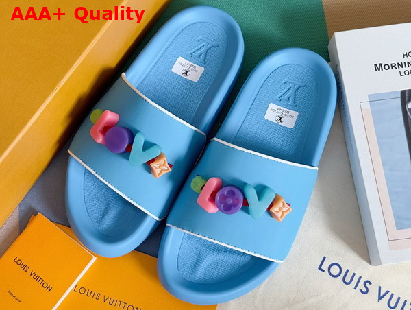 Louis Vuitton Women Rubber Mule in Sky Blue with Resin Monogram Flower Replica