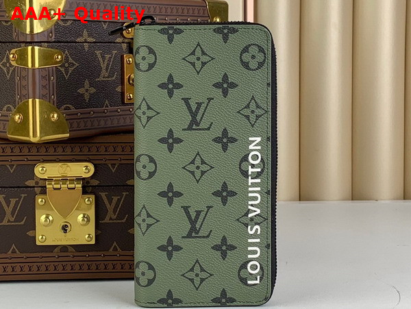 Louis Vuitton Zippy Vertical Wallet in Khaki Green and Vermillion Red Monogram Coated Canvas Replica