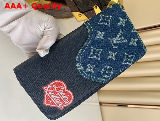 Louis Vuitton Zippy Wallet Vertical Blue Monogram Denim and Navy Blue Taurillon Leather M81107 Replica