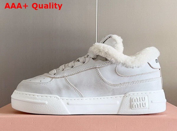 Miu Miu Bleached Leather Sneakers in White Leather and Shearling 5E892D Replica