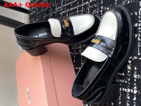 Miu Miu Brushed Leather Loafers in Black and White 5D276E Replica