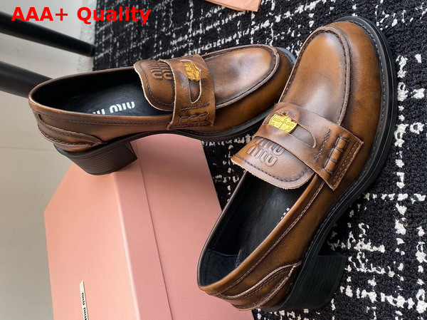 Miu Miu Brushed Leather Loafers in Tobacco 5D276E Replica