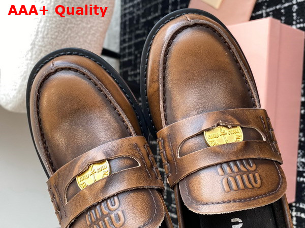 Miu Miu Brushed Leather Loafers in Tobacco 5D276E Replica