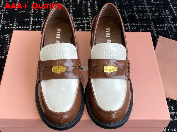 Miu Miu Brushed Leather Loafers in Tobacco and White 5D276E Replica