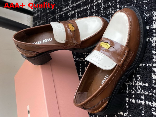 Miu Miu Brushed Leather Loafers in Tobacco and White 5D276E Replica