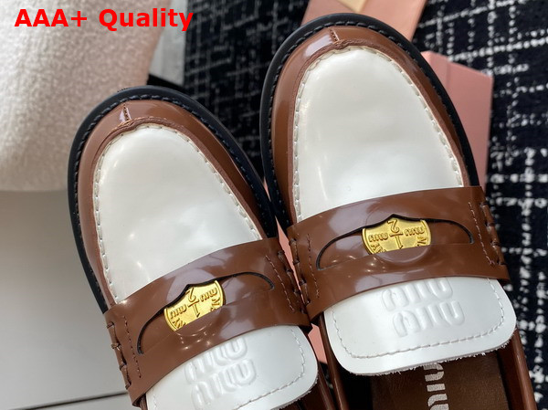 Miu Miu Brushed Leather Loafers in Tobacco and White 5D276E Replica