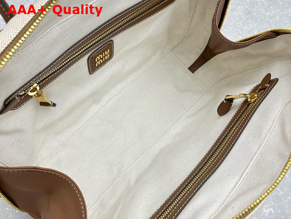 Miu Miu Canvas Top Handle Bag in Beige and Brandy 5BB163 Replica