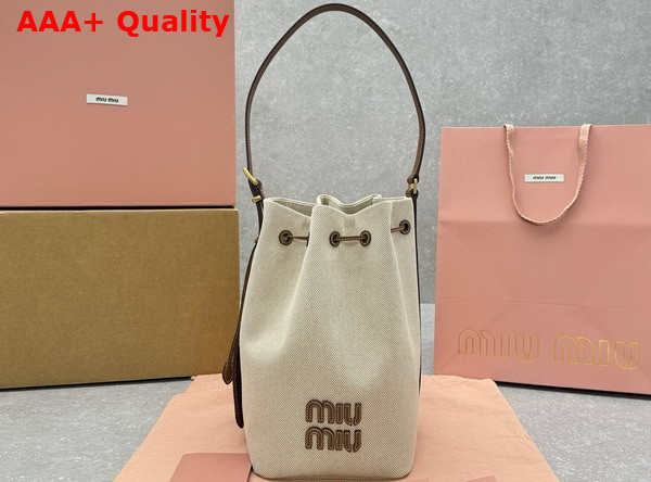 Miu Miu Canvas and Leather Bucket Bag Beige Brandy 5BE089 Replica