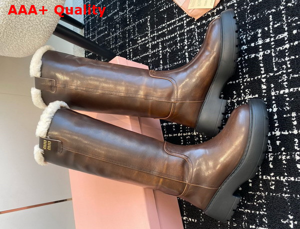 Miu Miu Fume Leather Boots with Shearling in Sienna 5W971D Replica