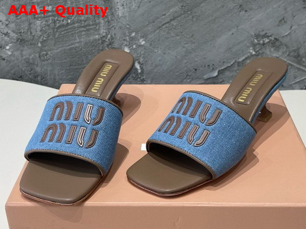 Miu Miu Heeled Denim Slides in Blue and Brown Replica