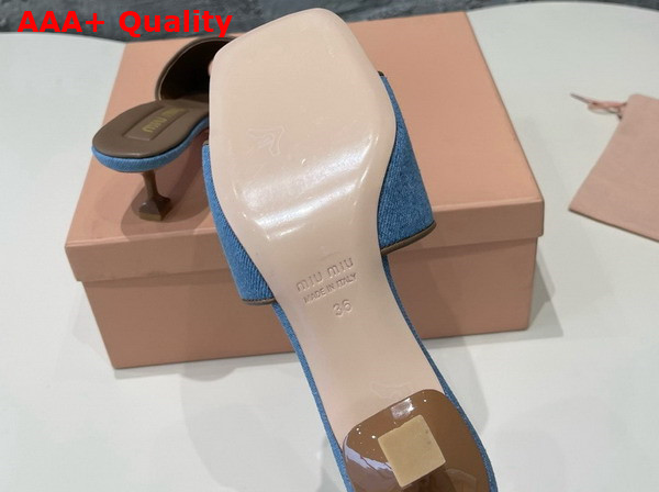 Miu Miu Heeled Denim Slides in Blue and Brown Replica