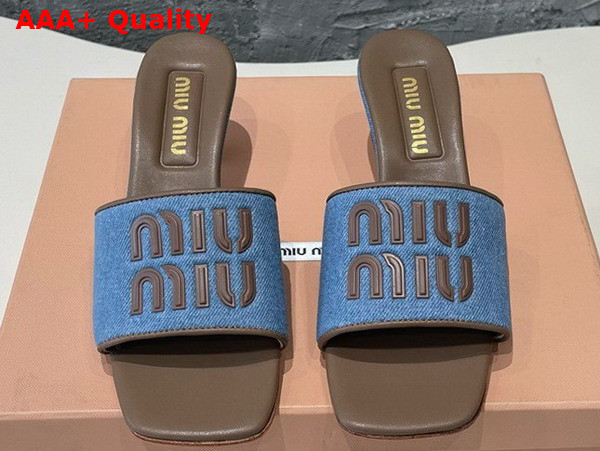 Miu Miu Heeled Denim Slides in Blue and Brown Replica