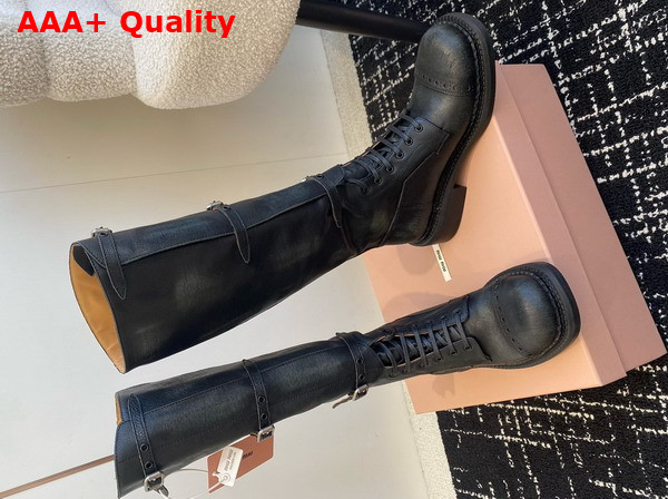 Miu Miu Leather Boots in Black with Straps and Logo Engraved Metal Buckles 5W315E Replica