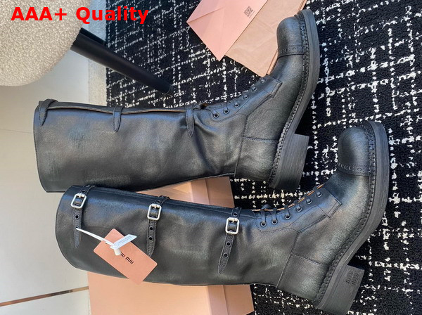 Miu Miu Leather Boots in Black with Straps and Logo Engraved Metal Buckles 5W315E Replica