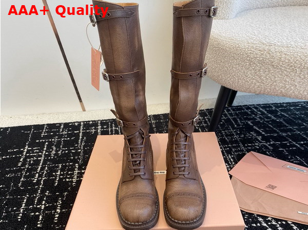 Miu Miu Leather Boots in Cocoa Brown with Straps and Logo Engraved Metal Buckles 5W315E Replica