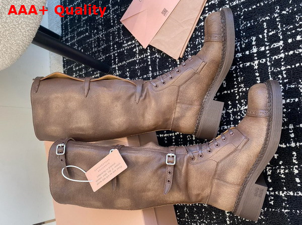 Miu Miu Leather Boots in Cocoa Brown with Straps and Logo Engraved Metal Buckles 5W315E Replica