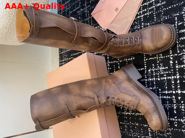 Miu Miu Leather Boots in Cocoa Brown with Straps and Logo Engraved Metal Buckles 5W315E Replica