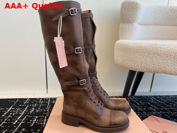 Miu Miu Leather Boots in Cocoa Brown with Straps and Logo Engraved Metal Buckles 5W315E Replica