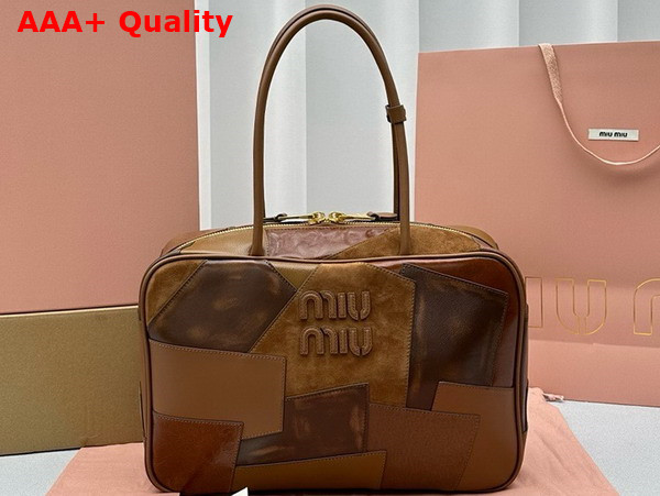 Miu Miu Leather Patchwork Top Handle Bag in Cognac 5BB117 Replica