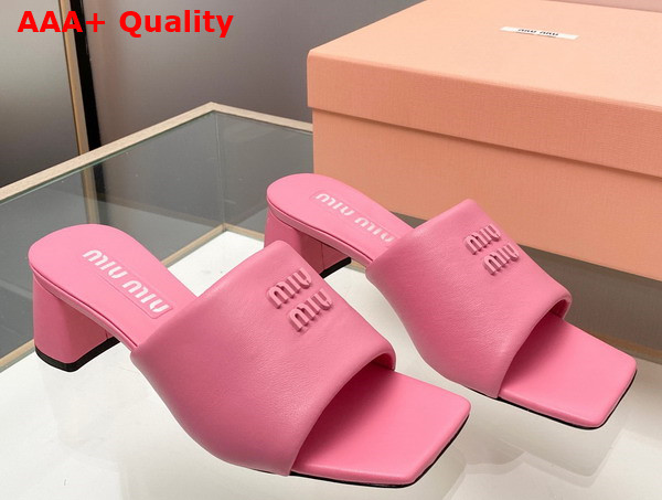 Miu Miu Leather Sandals with Metal Lettering Logo in Begonia Pink 5XX614 Replica