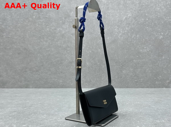 Miu Miu Leather Wallet with Leather and Cord Shoulder Strap Black Baltic Blue 5MT025 Replica