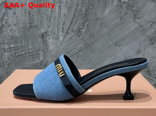 Miu Miu Medium Heeled Slides in Blue Denim and Black Leather Replica