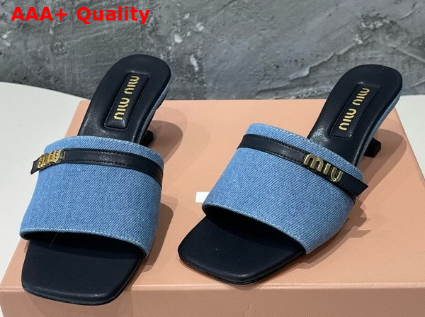 Miu Miu Medium Heeled Slides in Blue Denim and Black Leather Replica