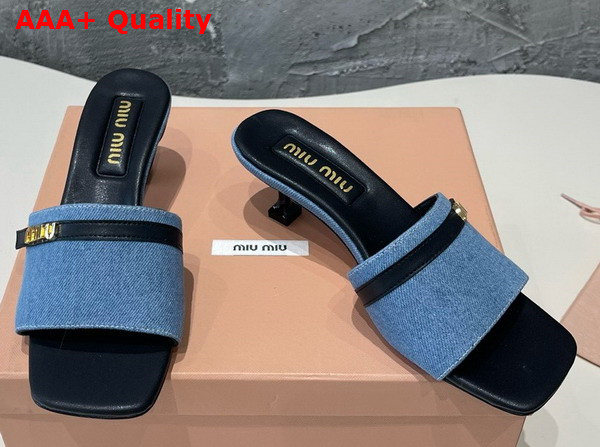 Miu Miu Medium Heeled Slides in Blue Denim and Black Leather Replica