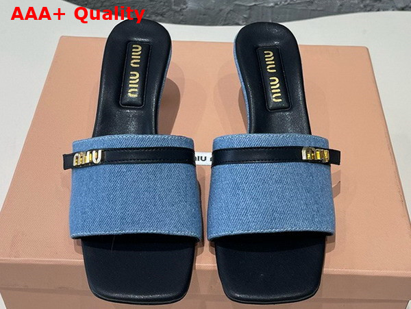 Miu Miu Medium Heeled Slides in Blue Denim and Black Leather Replica