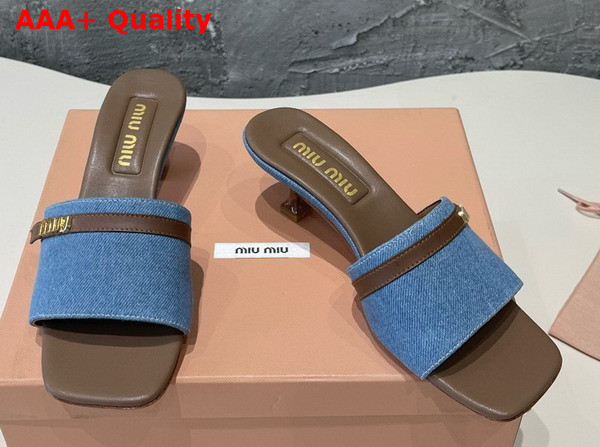 Miu Miu Medium Heeled Slides in Blue Denim and Brown Leather Replica