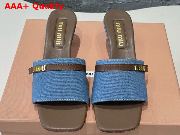 Miu Miu Medium Heeled Slides in Blue Denim and Brown Leather Replica