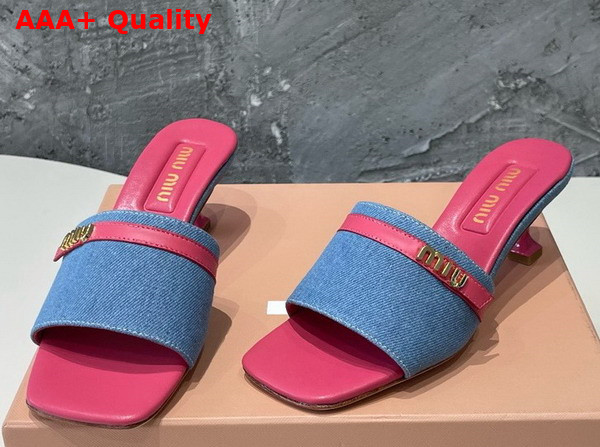 Miu Miu Medium Heeled Slides in Blue Denim and Pink Leather Replica