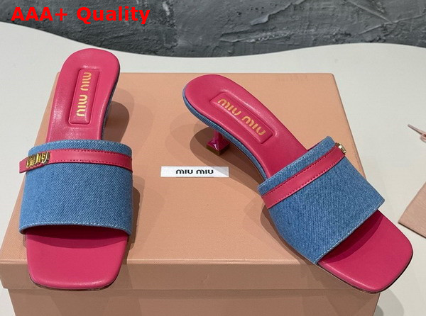 Miu Miu Medium Heeled Slides in Blue Denim and Pink Leather Replica